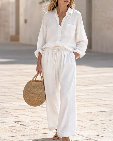 Casual Loose Cotton Linen Long Sleeve Shirt and Wide-leg Pants Set