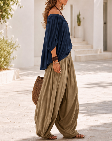 Colorblock Loose Off-Shoulder Top and Lantern Pants Set