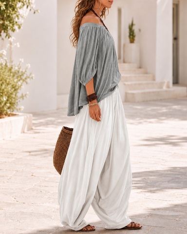 Colorblock Loose Off-Shoulder Top and Lantern Pants Set