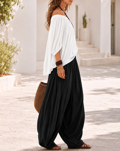 Colorblock Loose Off-Shoulder Top and Lantern Pants Set