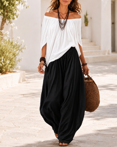 Colorblock Loose Off-Shoulder Top and Lantern Pants Set
