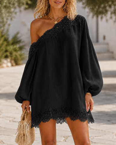 Off-Shoulder Lace Trim Chiffon Lantern Sleeve Dress