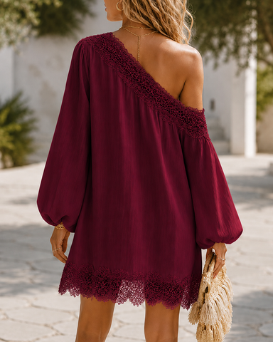 Off-Shoulder Lace Trim Chiffon Lantern Sleeve Dress