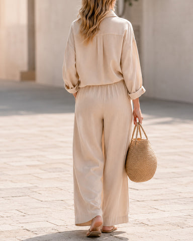 Casual Loose Cotton Linen Long Sleeve Shirt and Wide-leg Pants Set