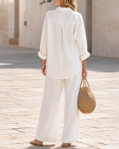 Casual Loose Cotton Linen Long Sleeve Shirt and Wide-leg Pants Set