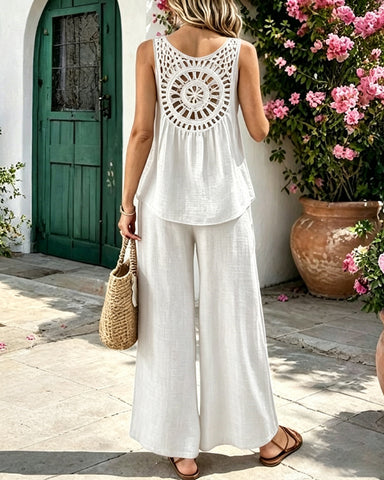 Crochet-Back Linen Pants Set