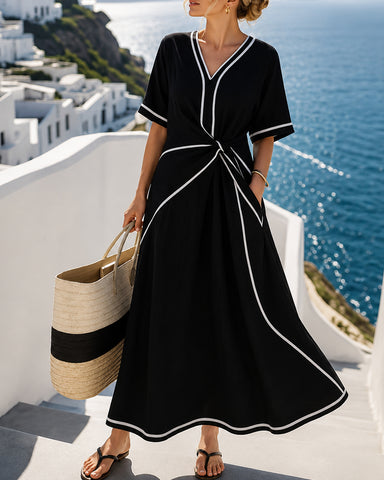 Twist-Front Contrast Trim Maxi Dress