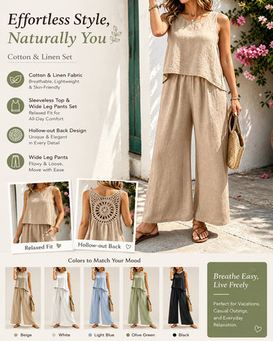 Crochet-Back Linen Pants Set