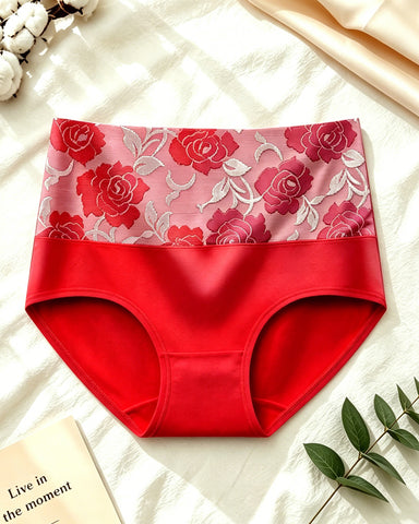 High Waisted Floral Colorblock Printed Pure Cotton Briefs