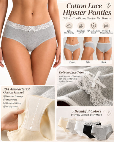 5-Pack Pure Cotton Breathable Lace Trim Panties
