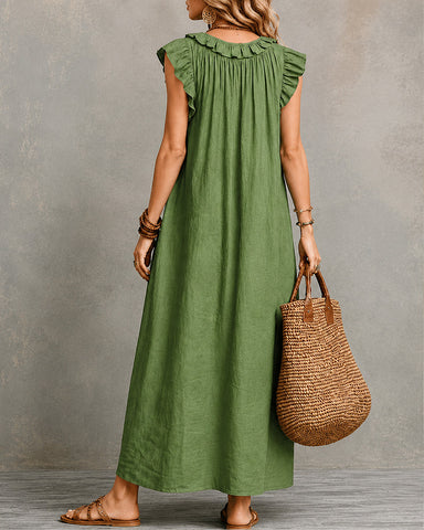 Cotton Linen V-Neck Maxi Dress